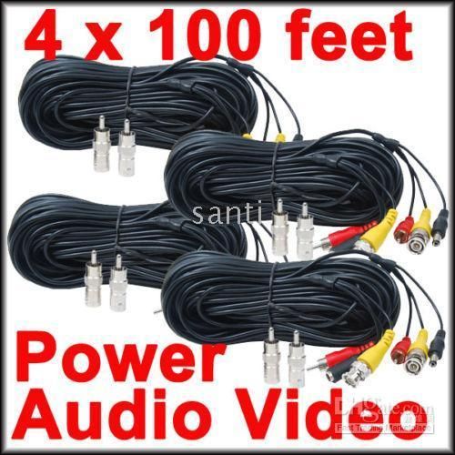 

4 Pack of 100 feet Security Camera CCTV Audio Video Power Cables with Free BNC RCA Adapters
