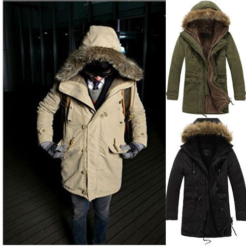 Mens Faux Fur Military Long Winter Trench Coat Jacket Hooded Parka ...