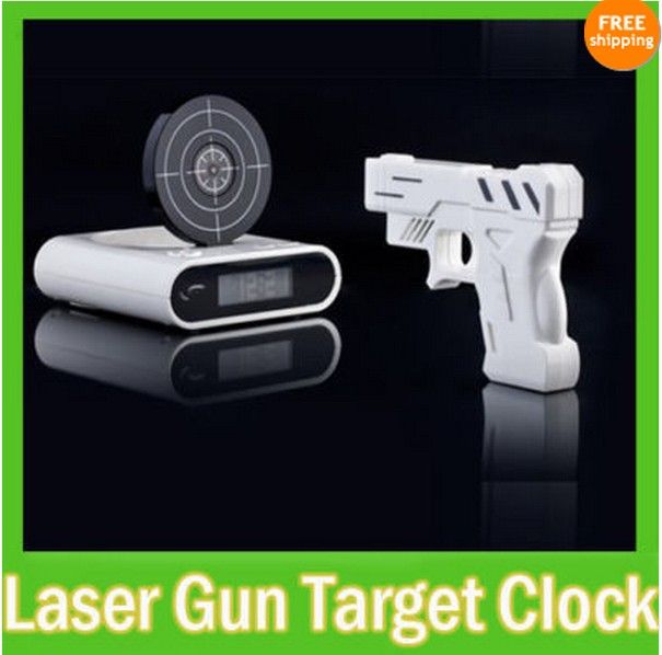 Novelty LCD Laser Gun Shooting Target Wake UP Alarm Desk Clock Gadget