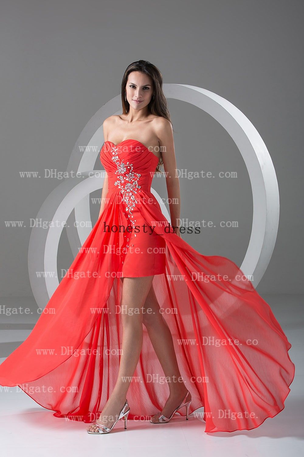 2016 Chic Salmon Pink Sheath Side Drapes Hi Lo Prom Dress Chiffon Floor