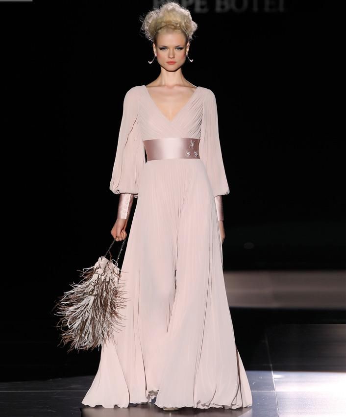 2013 New High End A Line Evening Dresses V Neck Ruffle Long Sleeve Sash