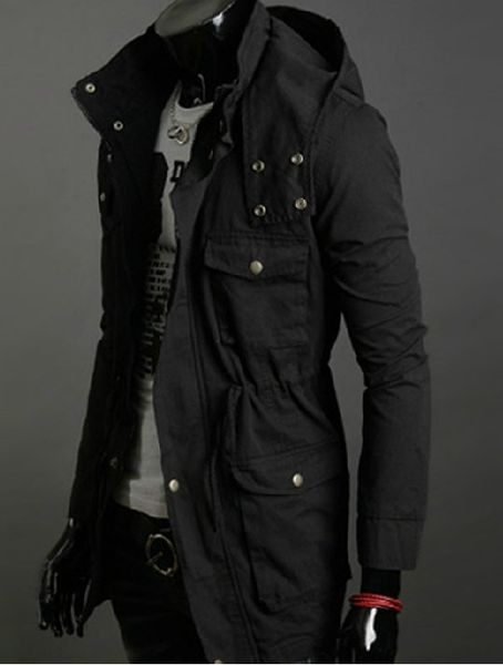 

free shipping 2013 New Cotton Hooded Coat Korean Trend in long jacket men coat