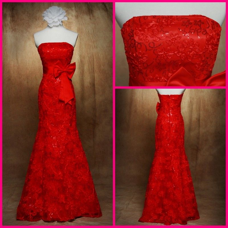 Red Charming Mermaid Strapless Satin Applique Sequins Floor Length