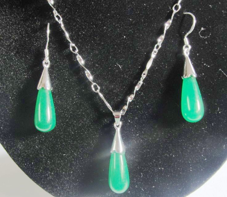 925 silver Green jade water droplets earrings + necklace Valentine's Day gift