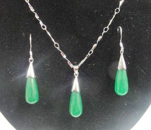 Free Shipping 925 silver Green jade water droplets earrings + necklace Valentine's Day gift