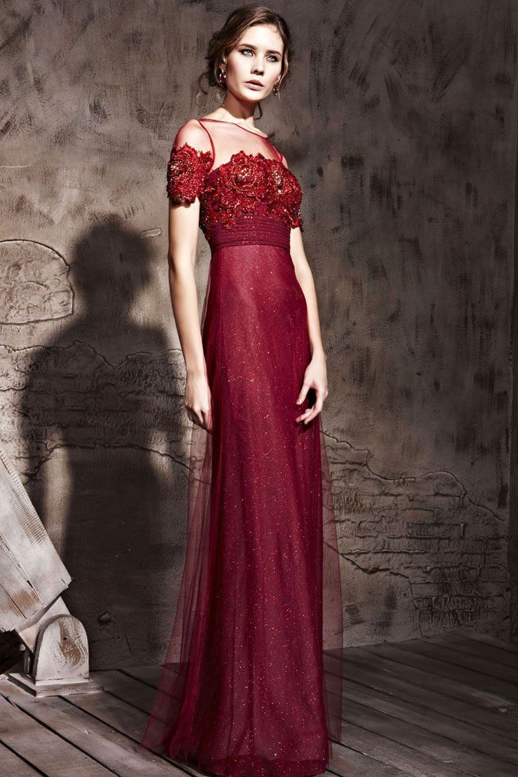 Wine Red Evening Dresses Jewil Short Sleeve Lace Appliques Ankle Length
