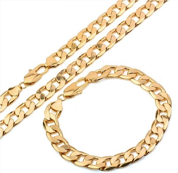 Best 18k Gold Plated Men Jewelry Set Necklace + Bracelet With