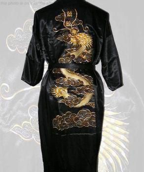2021 Wholesale Navy Blue Mens Silk Satin Embroidery Dragon Kimono Robe ...