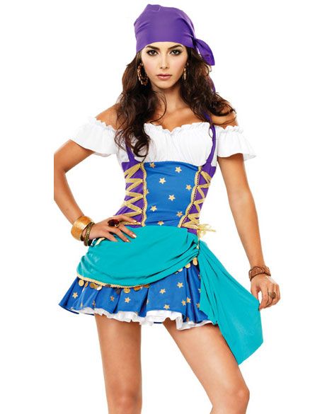 two piece gypsy princess costume includes peasant top halter dress with side lacing and matching head scarf