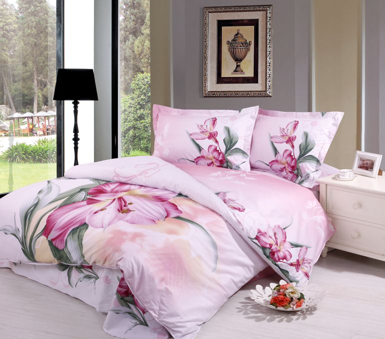 Pink Flowers Printed Lady Bedding Set 100 Cotton Comforter Sets Duvet