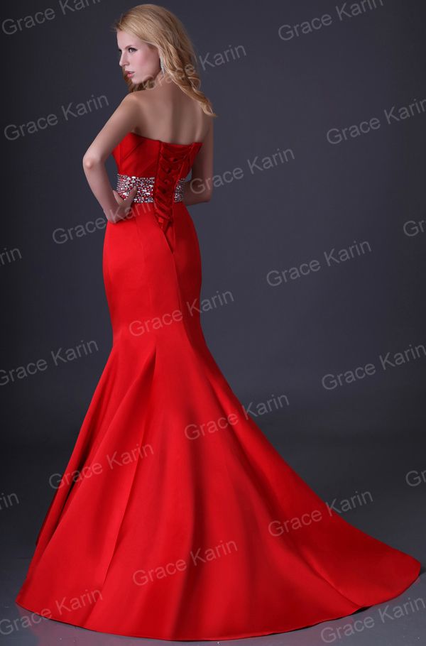 Grace Karin Sexy Strapless Satin Long Sereia vermelho Lace Up Evening Prom Dress Vestido formal CL3825