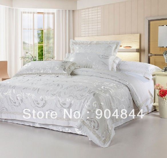 Noble Silk Cotton Bedding Set Luxurious Jacquard Comforter Duvet Noble Silk Cotton Bedding Set Luxurious Jacquard Comforter Duvet Cover Sets Bed Linen Sheet Silver White Color Queen Size On