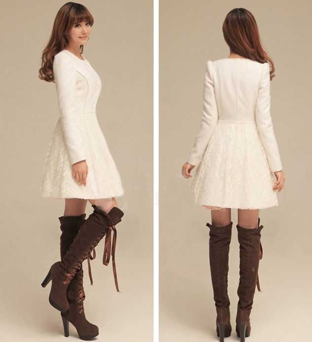 White Women Woolen Winter Lace Dress Style Long Jacket Coat Vintage