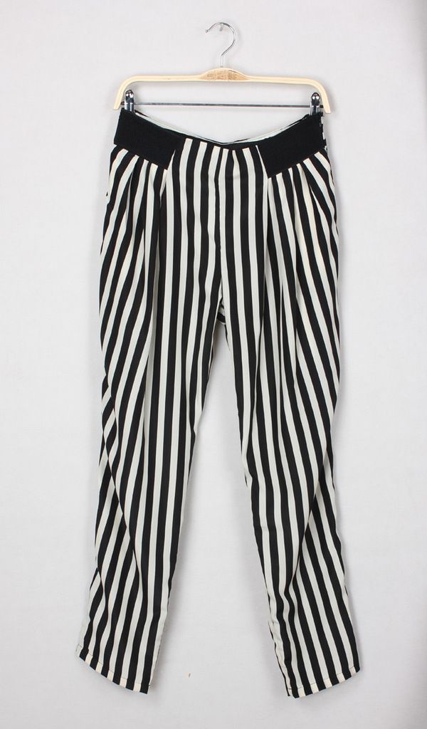 2013 New Fashion Black White Striped Trousers Cotton Blended Long Women ...