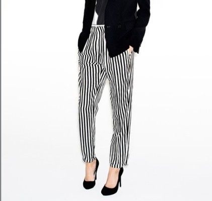 white and black striped trousers