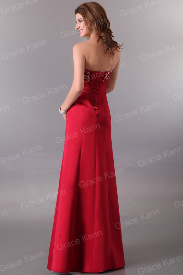 Grace Karin Long Sexy Strapless Wine Red Lace Up Embroidery Bridesmaid