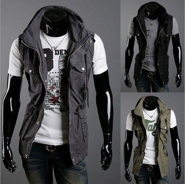 

fashion double collar vests mens multipocket slim casual vests cotton vest free 3 color, Black