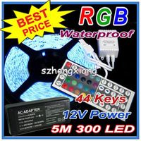 安くRGB LEDストリップの防水5M SMD 5050 300 LED /ロール+44キーIRリモート+ 12V 5A電源アダプタ