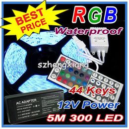 Cheap RGB Led Strip Waterproof 5M SMD 5050 300 LEDs/Roll +44 keys IR Remote+12V 5A Power Adapter