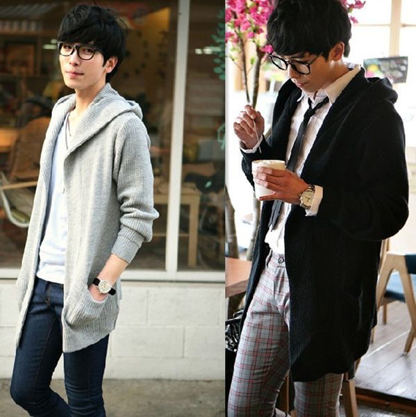 2019 Korean Style Solid Men'S Sweater Cardigan Fashion Long Gray Black