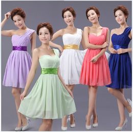 New Cheap Elegant One-shoulder Chiffon Colorful Knee Length Bridesmaid Dresses/Wedding Party Dresses
