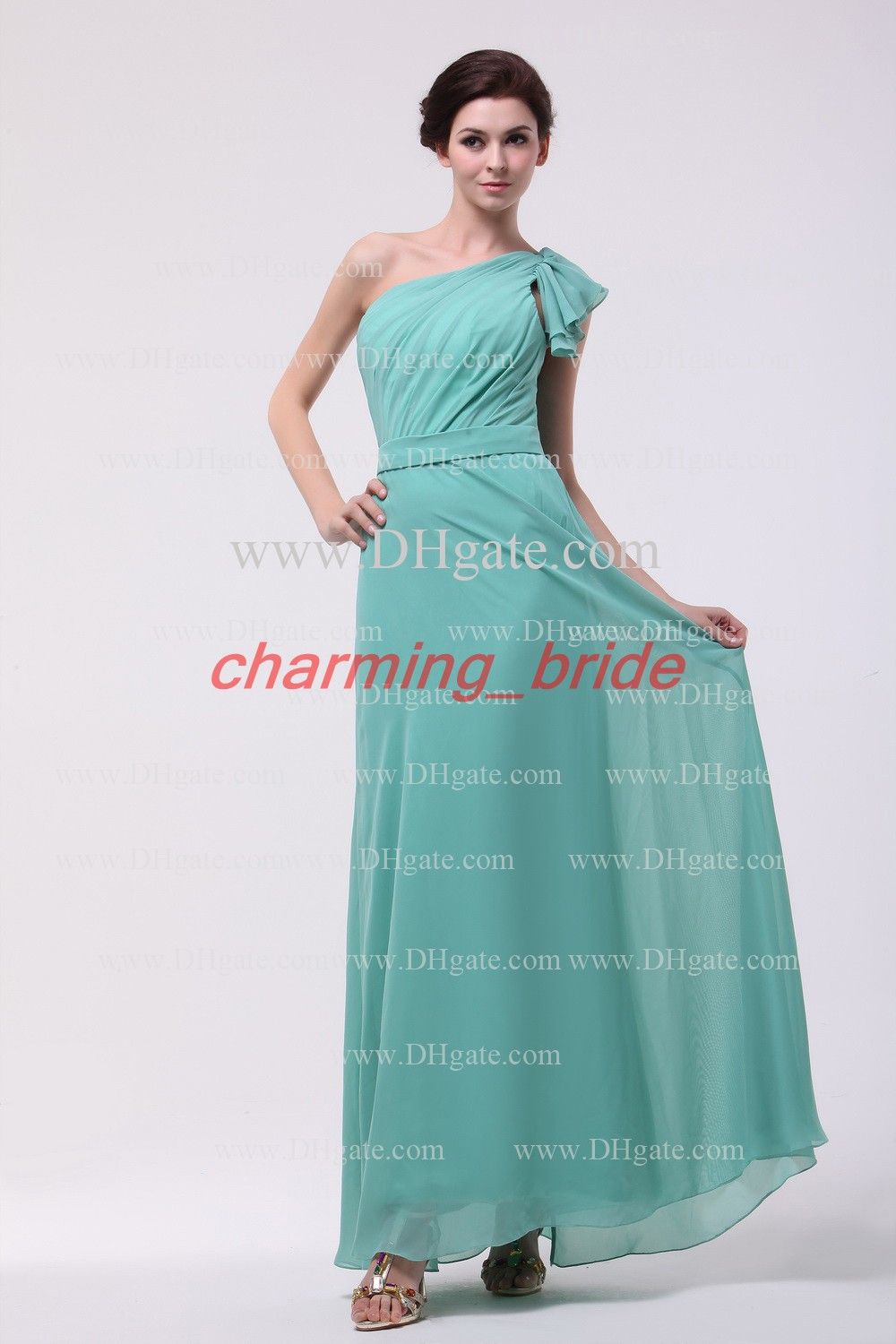 Mint Green One Shoulder Ruffles Bridesmaid Dresses Chiffon Prom Dresses