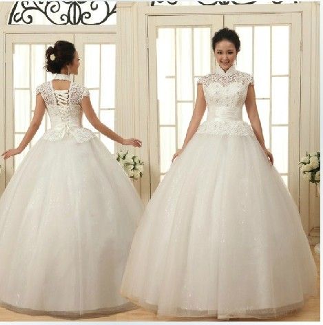 Newest Design ! Fashion High-Necked Lace-Up Bride Princess Tulle Wedding Dress