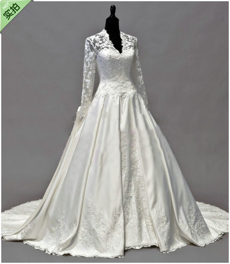 Long Sleeves Lace V Neck Embroidery Satin Cathedral Train ...
