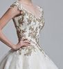 2013 Newest Vintage V Neck Ball Gown Appliqued Lace Tull.Net Zipper Short Sleeves Prom Wedding Dress