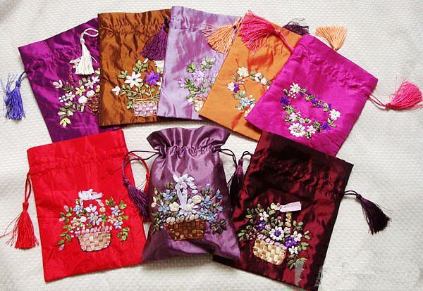Empty Silk Tea Bags Hand Embroidered Wedding Candy Bag Drawstring