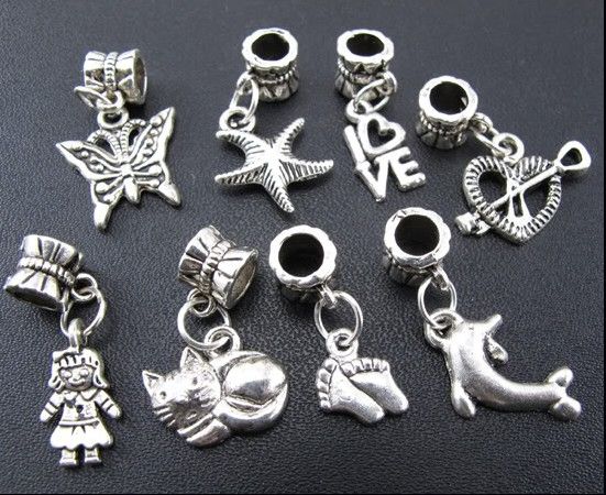 

100pcs/lot Butterfly Cat Girl Heart Charm Metal Alloy Big Hole Beads Fit European Bracelet Jewelry DIY Loose Beads