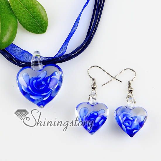 heart with flowers inside lampwork murano Italian venetian glass fashion pendants and earrings jewelry handmade fashion jewelry Mus46