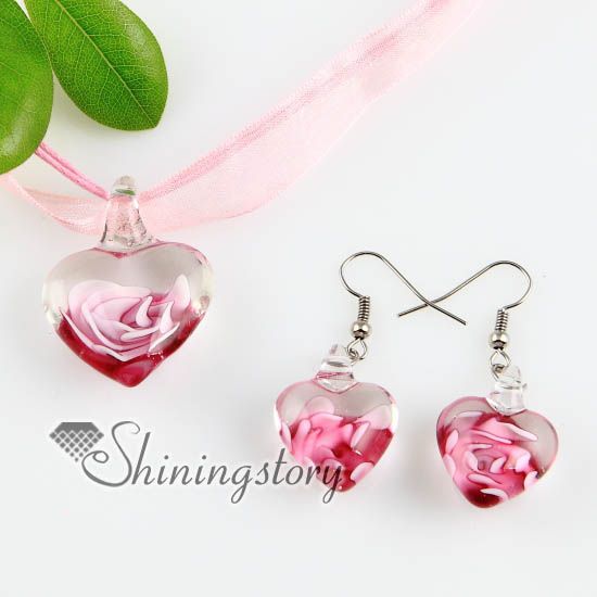 heart with flowers inside lampwork murano Italian venetian glass fashion pendants and earrings jewelry handmade fashion jewelry Mus46