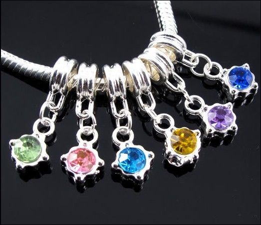 60 pçs / lote Dangle Aniversário Cristal Rhinestone Pingente de Prata Charms Big Hole Beads Fit Charme Europeu Pulseira Jóias DIY