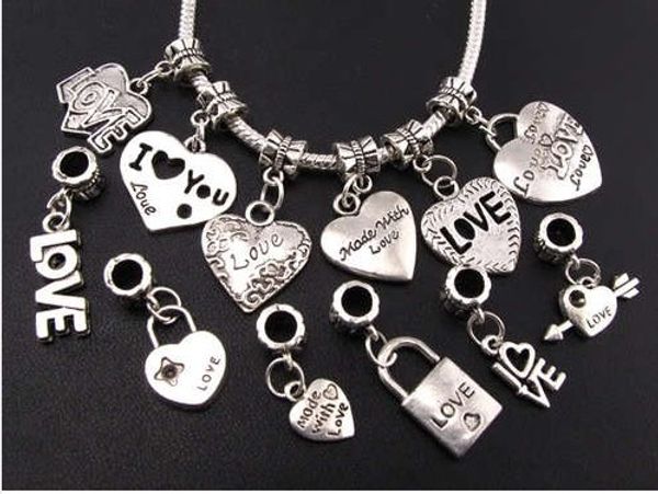 

120pcs/lot Mix Tibetan Silver LOVE/Heart Big Hole Beads Fit European Charm Bracelets Jewelry DIY B319-B945