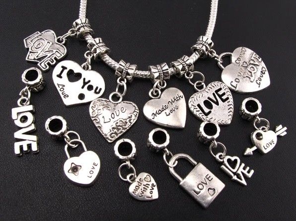 Mix Tibetan Silver LOVE/Heart Big Hole Beads Fit European Charm Bracelets Jewelry DIY B319-B945