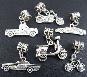 Auto, Fahrrad, Kraftfahrzeug, Legierung, baumelnd, großes Loch, 6 Stile, 60 Stück/Los, antikes Silber, passend für europäisches Charm-Armband