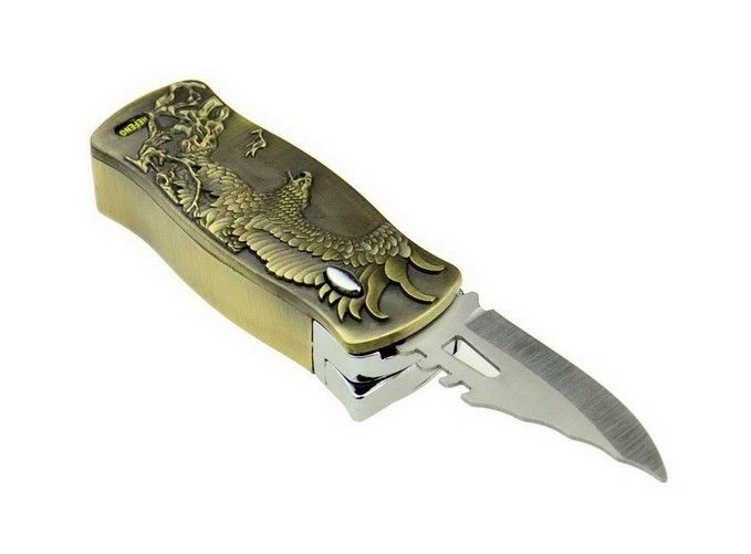 2019 Eagle Pattern Embossment 2 In 1 Folding Knife With Butane Jet Torch Lighter Antique Brass