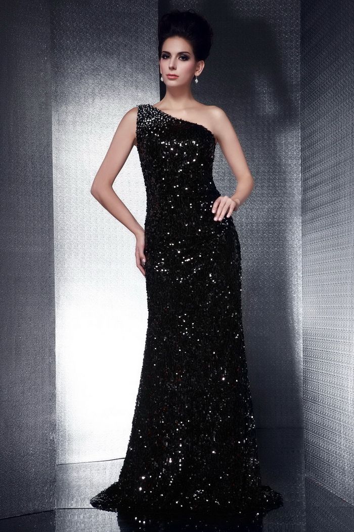 Shining Black Sequins Prom Dresses Stage Sheath Court Train Evening Dresses Evening Gowns ED300