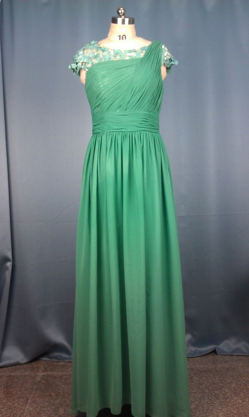 Customize Free shipping Green Scoop Cap Sleeve Lace Top Chiffon A-line Eveing Gown Prom Dress 2013