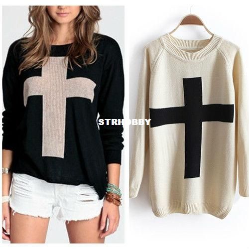 New Fashion Womens Cross Pattern Knit Sweater Outerwear Crew Pullover ...