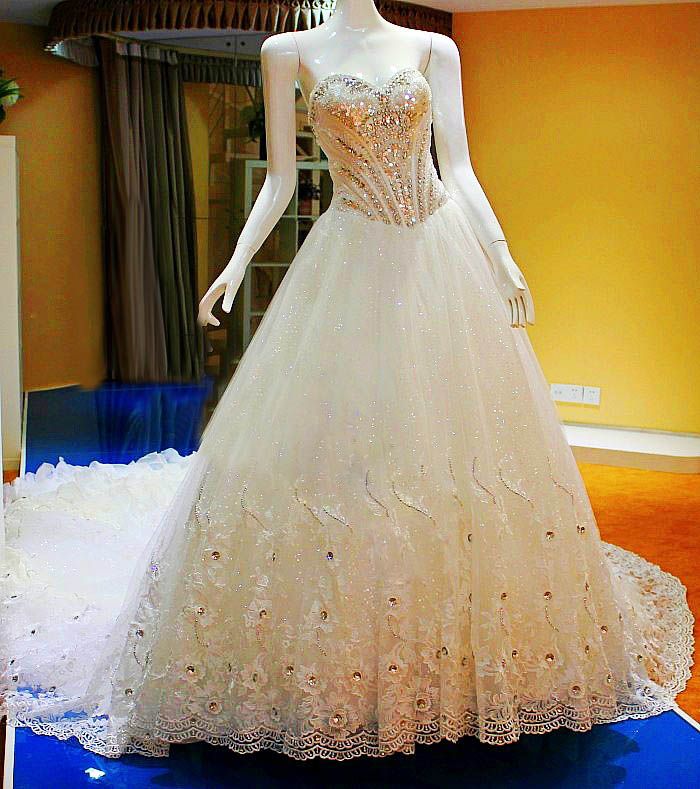 Crystals Luxury Ball Gown Sequins Beads Lace Wedding Dresses Free