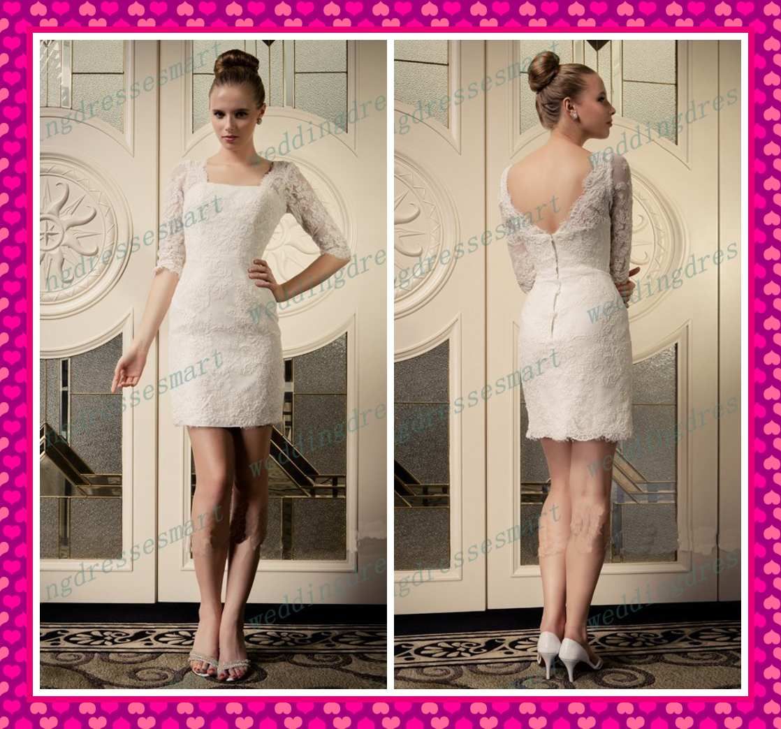 2013 Lace Sheath Square 1 2 Sleeves Short Beach Garden Wedding