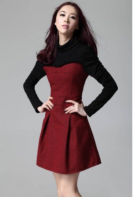 New Women Long Sleeve Woolen Onepiece Dress Black And White Lattice