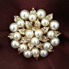 2 Inch Gold Plated Cream Pearl and Rhinestone Crystal Diamante leaf Flower Bridal Cake Brooch Pins