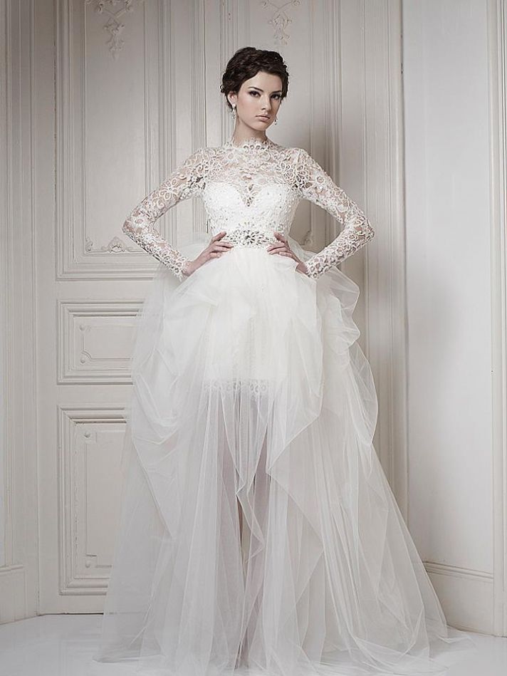 Best Selling 2013 Wedding Dresses Jewel Sheath Tulle Long Lace Sleeves
