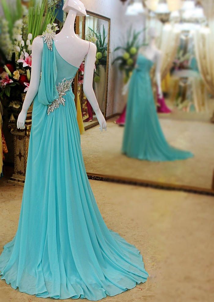 Custom Made New Mint Green Long Evening Dress One Shoulder Chiffon Prom