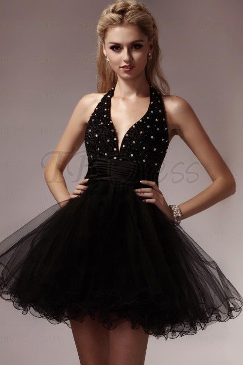 2013 Sexy Ball Gown Black Cocktail Dress Halter Beaded Short Length