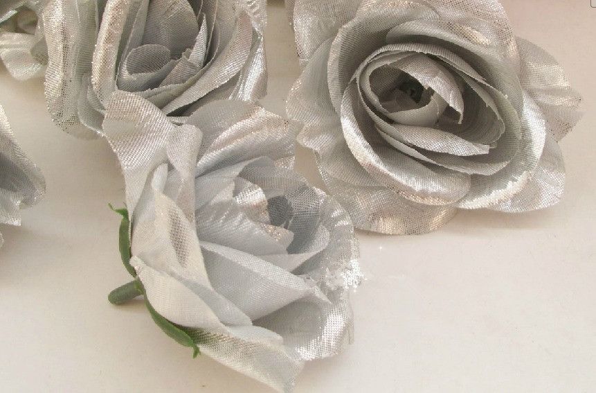 Nyanlopp 100st Silverfärg Konstgjorda Silk Rose Peony Flower Heads for Wedding Floral Wall Decoration