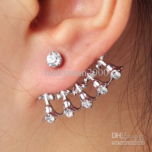Ear Cuff Stud Earrings Wedding Silver Jewelry Five Tulips Rhinestone ...